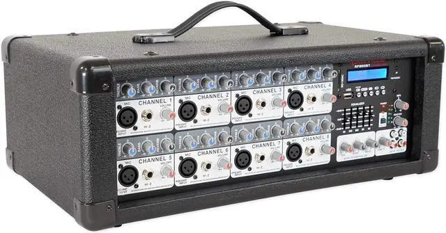 Alt view image 3 of 7 - Rockville RPM80BT 2400w Powered 8 Channel Mixer/Amplifier w/Bluetooth/EQ/Effects | 2400W Peak, 600W RMS, 8 Mic and 1/4 in TRS Inputs, USB, RCA AUX, 5-Band EQ, Reverb, Delay, 48V Phantom Power