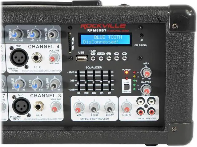 Alt view image 5 of 7 - Rockville RPM80BT 2400w Powered 8 Channel Mixer/Amplifier w/Bluetooth/EQ/Effects | 2400W Peak, 600W RMS, 8 Mic and 1/4 in TRS Inputs, USB, RCA AUX, 5-Band EQ, Reverb, Delay, 48V Phantom Power