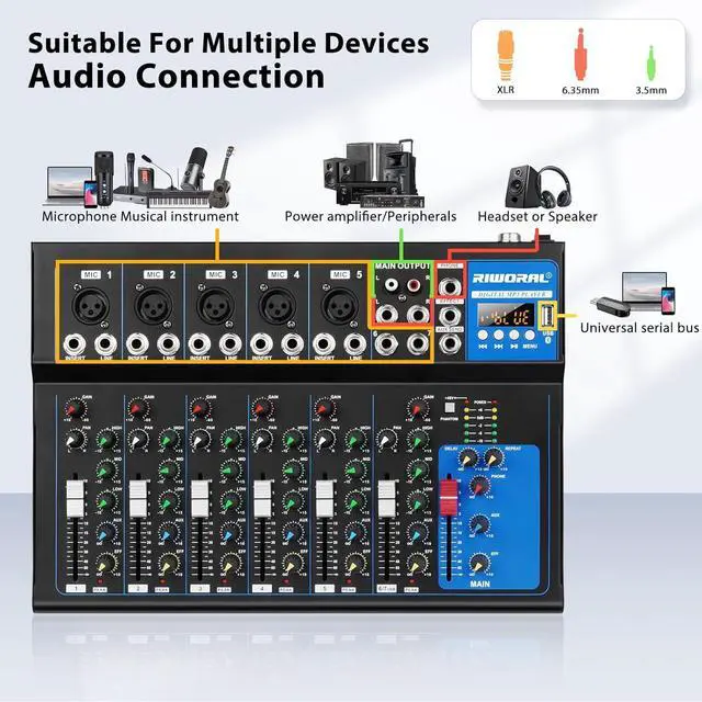 Alt view image 3 of 7 - 7 Channel Audio Interface USB Audio Mixer Sound Board Mixing Console Built In Bluetooth MP3 Computer Input +48V Phantom Power Mixer Audio For Karaoke Dj Stage Streaming Studio