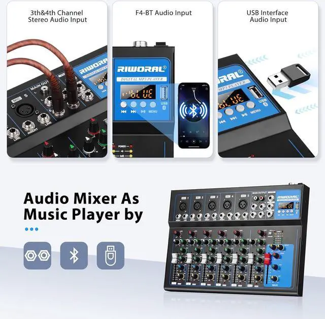 Alt view image 4 of 7 - 7 Channel Audio Interface USB Audio Mixer Sound Board Mixing Console Built In Bluetooth MP3 Computer Input +48V Phantom Power Mixer Audio For Karaoke Dj Stage Streaming Studio