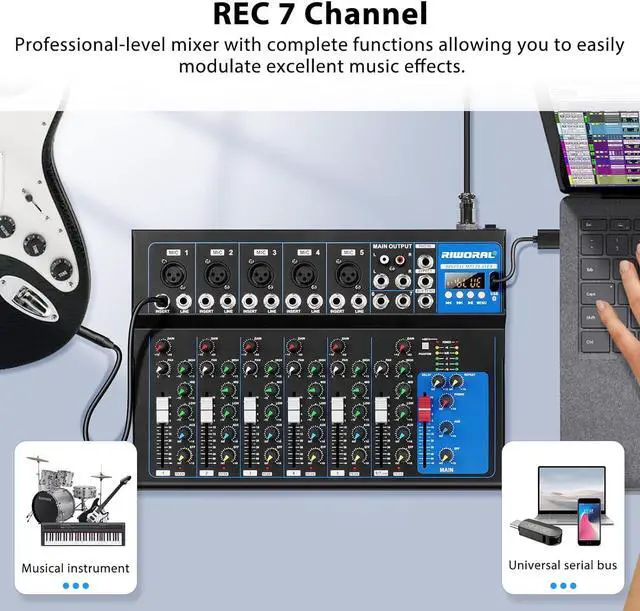 Alt view image 5 of 7 - 7 Channel Audio Interface USB Audio Mixer Sound Board Mixing Console Built In Bluetooth MP3 Computer Input +48V Phantom Power Mixer Audio For Karaoke Dj Stage Streaming Studio