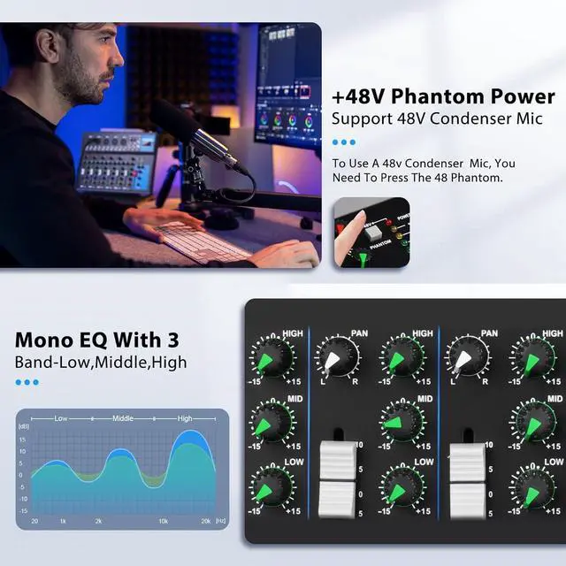 Alt view image 6 of 7 - 7 Channel Audio Interface USB Audio Mixer Sound Board Mixing Console Built In Bluetooth MP3 Computer Input +48V Phantom Power Mixer Audio For Karaoke Dj Stage Streaming Studio