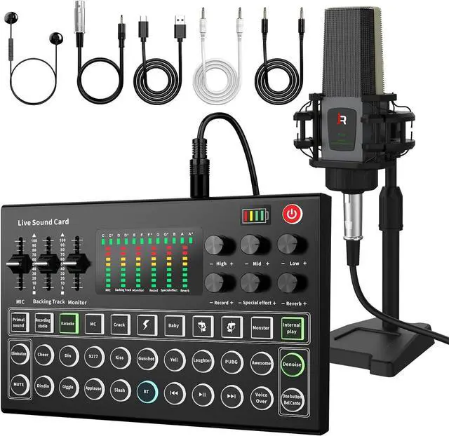 Main image of RHM Podcast Equipment Bundle, All-in-One Audio Interface DJ Mixer with Microphone, Stand, Monitor Earphone, Audio Mixer With Sound card for PC/Laptop/Phone, Streaming/Podcasting/Gaming