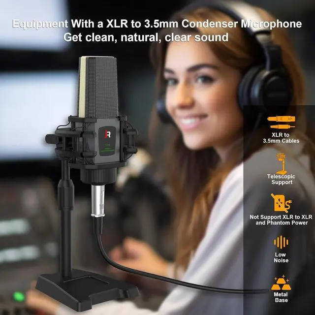 Alt view image 2 of 7 - RHM Podcast Equipment Bundle, All-in-One Audio Interface DJ Mixer with Microphone, Stand, Monitor Earphone, Audio Mixer With Sound card for PC/Laptop/Phone, Streaming/Podcasting/Gaming