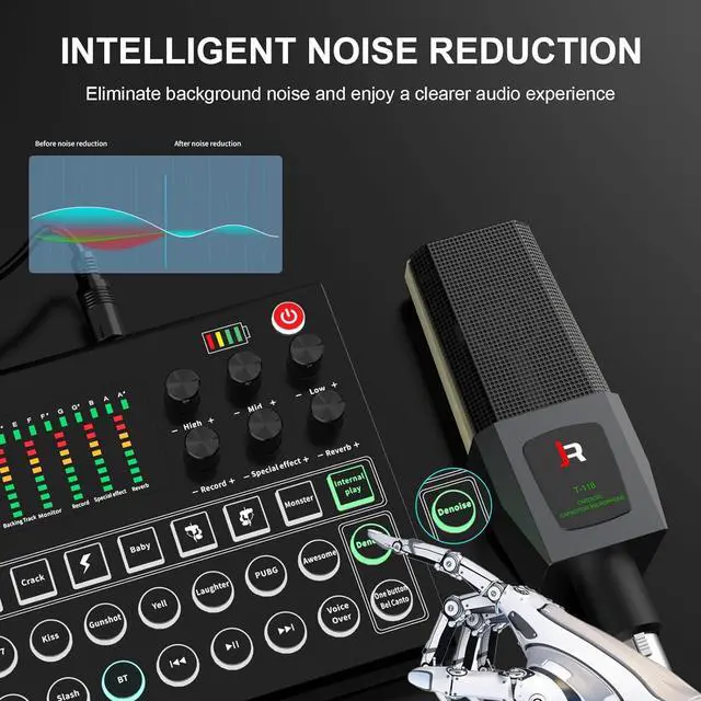 Alt view image 3 of 7 - RHM Podcast Equipment Bundle, All-in-One Audio Interface DJ Mixer with Microphone, Stand, Monitor Earphone, Audio Mixer With Sound card for PC/Laptop/Phone, Streaming/Podcasting/Gaming