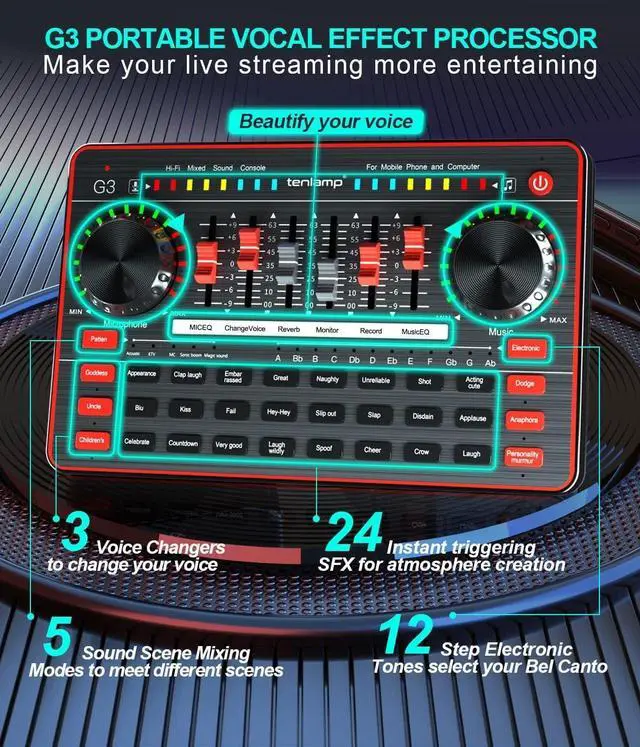 Alt view image 3 of 7 - Audio Mixer with Sound Card, tenlamp Two 3.5mm Studio Condenser Microphone and G3 Audio interface, Sound Board Voice Changer, Podcast Equipment Bundle for PC Recording Gaming Live Streaming Podcast