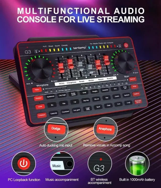 Alt view image 4 of 7 - Audio Mixer with Sound Card, tenlamp Two 3.5mm Studio Condenser Microphone and G3 Audio interface, Sound Board Voice Changer, Podcast Equipment Bundle for PC Recording Gaming Live Streaming Podcast