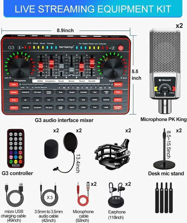 Alt view image 7 of 7 - Audio Mixer with Sound Card, tenlamp Two 3.5mm Studio Condenser Microphone and G3 Audio interface, Sound Board Voice Changer, Podcast Equipment Bundle for PC Recording Gaming Live Streaming Podcast