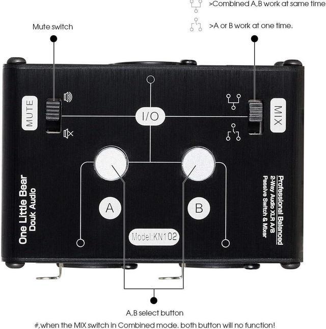 Alt view image 4 of 7 - 2 Way XLR Balanced Stereo Audio Switcher Passive A/B Mini Switch Box Mixer Sound Splitter (KN102, 2-IN-1-OUT)