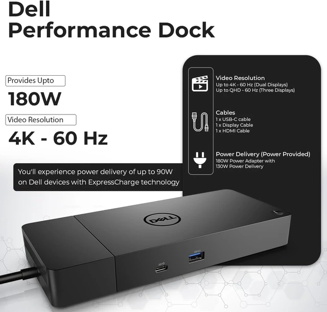 Alt view image 3 of 7 - Dell WD19S Docking Station 180W (130W Power Delivery) - Dell Docking Station Dual Monitor, Dock Station with 180W Power Supply + HDMI Cable + DP Cable + USB-C Cable + Microfiber Cloth