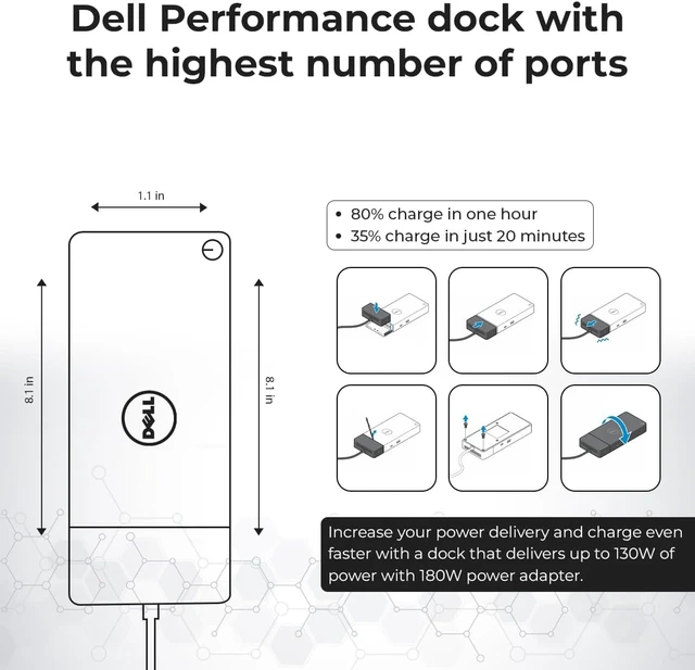 Alt view image 7 of 7 - Dell WD19S Docking Station 180W (130W Power Delivery) - Dell Docking Station Dual Monitor, Dock Station with 180W Power Supply + HDMI Cable + DP Cable + USB-C Cable + Microfiber Cloth