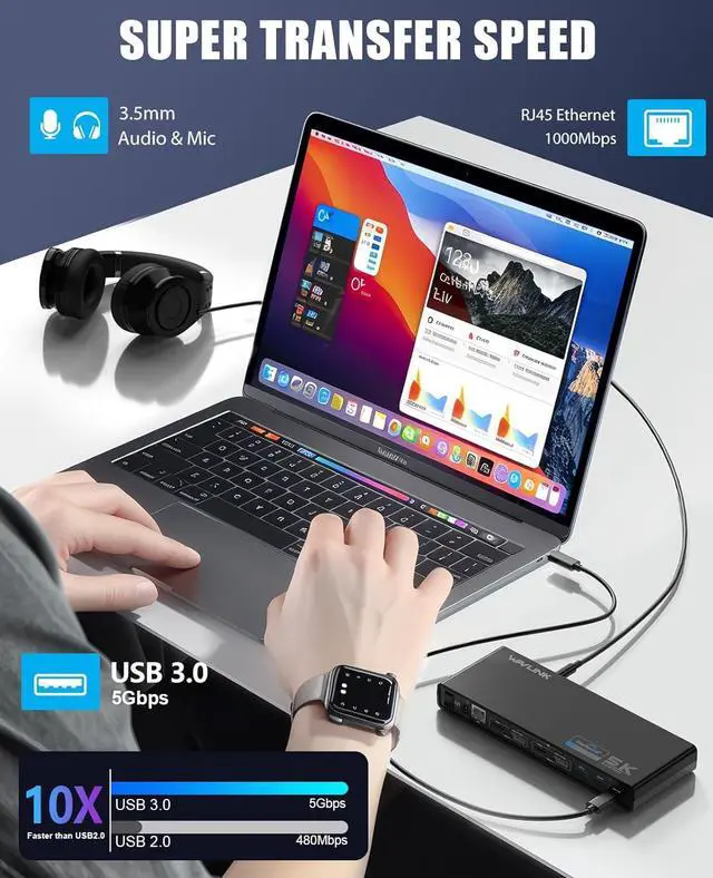 Alt view image 6 of 7 - WAVLINK Pro Dual 4K@60Hz Universal Docking Station | USB 3.0/Type-C Laptop Dock for Mac & Windows | 2 HDMI/DP Monitors, Gigabit Ethernet, 6 USB 3.0 | Home Office & Multi-Screen Productivity.