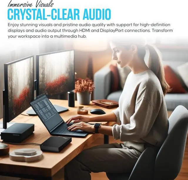 Alt view image 6 of 6 - 40AY0090US Docking Station Dual Monitor - 1 Year Warranty - Docking Station USB C with 90W, HDMI, DisplayPort, USB-C Cable & Microfiber Cleaning Cloth