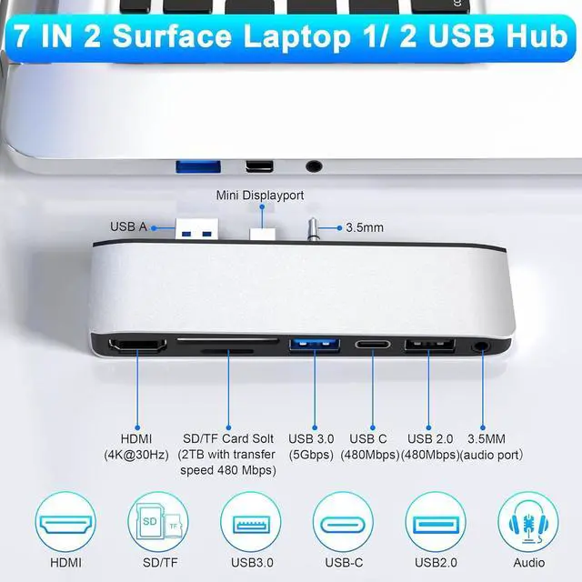 Alt view image 2 of 7 - Surface Laptop 2 Accessories, Hub Docking Station with 4K HDMI, USB 3.0, USB 2.0, USB C, SD/TF Card Slot, 3.5mm Audio Port - Hub for Surface Laptop 1/2