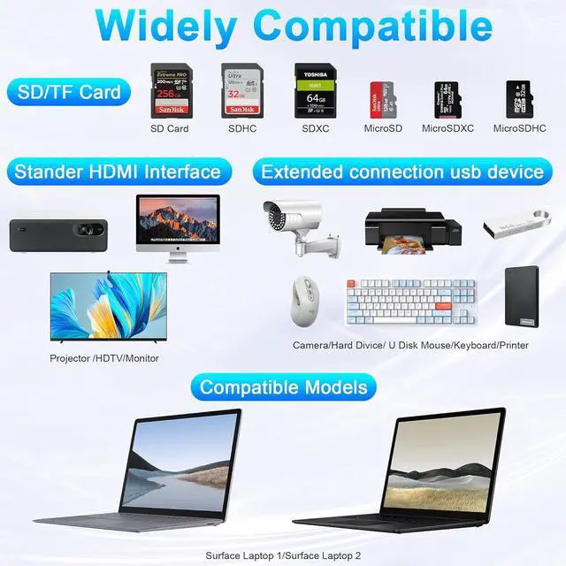 Alt view image 3 of 7 - Surface Laptop 2 Accessories, Hub Docking Station with 4K HDMI, USB 3.0, USB 2.0, USB C, SD/TF Card Slot, 3.5mm Audio Port - Hub for Surface Laptop 1/2