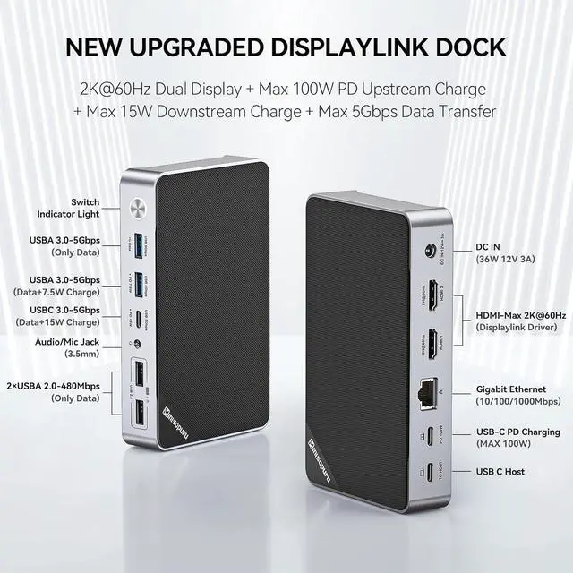 Alt view image 2 of 7 - Minisopuru DisplayLink Docking Station Dual Monitor, Mac Docking Station with 15W Charging, Dual 2K@60HZ HDMI, USB C Docking Station for MacBook M4/M3/M2/M1/Windows