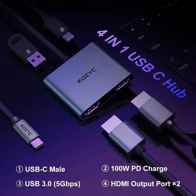 Alt view image 2 of 7 - USB C to Dual HDMI Adapter 4K@30Hz USB C Hub Multiport Adapter with 2xHDMI USB 3.0 100W PD Support USB C to HDMI Splitter Extended Display for MacBook Pro (MST is not Supported on MacOS)