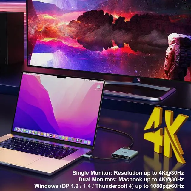Alt view image 5 of 7 - USB C to Dual HDMI Adapter 4K@30Hz USB C Hub Multiport Adapter with 2xHDMI USB 3.0 100W PD Support USB C to HDMI Splitter Extended Display for MacBook Pro (MST is not Supported on MacOS)