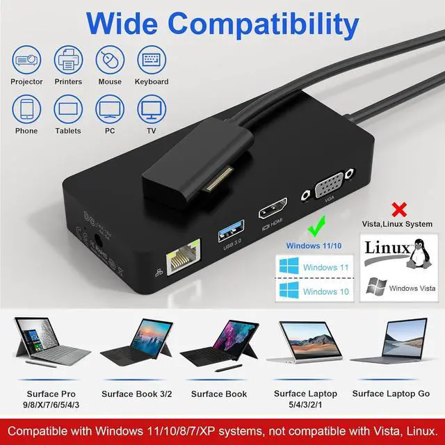 Alt view image 7 of 7 - Surface Dock Triple Displays, 11-in-1 Surface Docking Station with HDMI+VGA+Ethernet for Microsoft Surface Pro 10/9/8/X/7/6/5/4/3, Surface Laptop 5/4/3/2/1, Surface Laptop Go 3/2/1, Surface Book 3/2/1