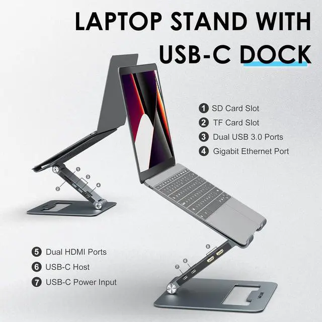 Alt view image 2 of 7 - WAVLINK Adjustable Aluminum Laptop Stand with USB C Dock, Ergonomic Portable Computer Riser for MacBook, Windows, 10"-17" Notebook and Tablet(2HDMI,PD3.0,SD/TF,RJ45 Ethernet,2USB 3.0 Ports)