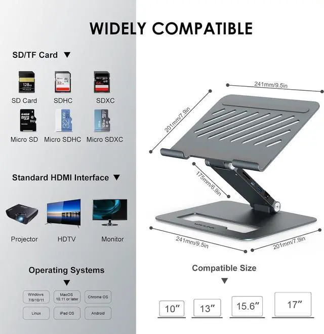 Alt view image 6 of 7 - WAVLINK Adjustable Aluminum Laptop Stand with USB C Dock, Ergonomic Portable Computer Riser for MacBook, Windows, 10"-17" Notebook and Tablet(2HDMI,PD3.0,SD/TF,RJ45 Ethernet,2USB 3.0 Ports)