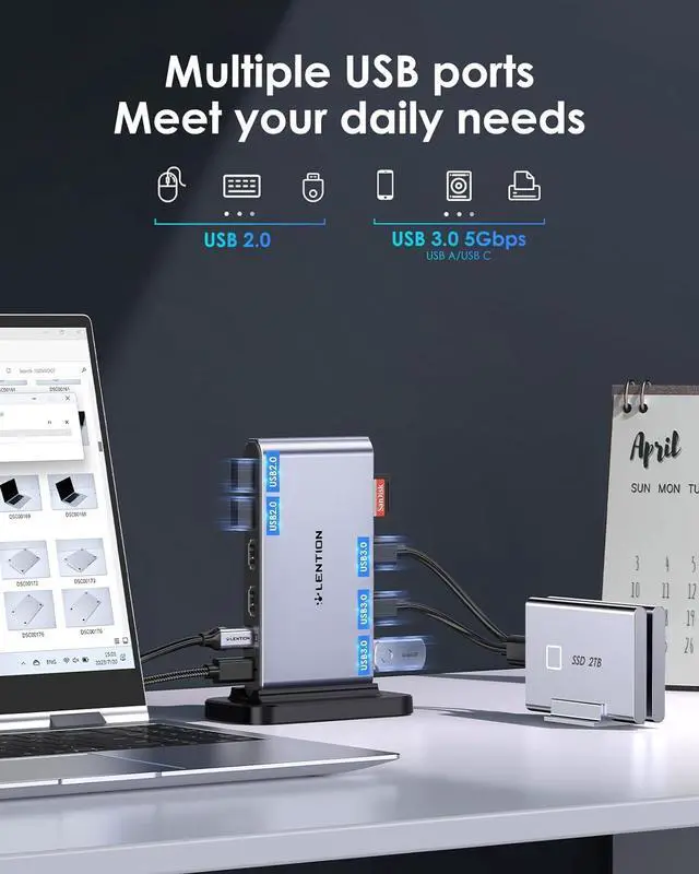 Alt view image 5 of 7 - LENTION 10-in-1 Detachable USB C Laptop Docking Station with Dual 4K@60Hz HDMI, PD Charging, USB C, USB-A, SD/Micro Card Readers, 3.3ft Host Cable for Mac, MacBook, Windows use (D62