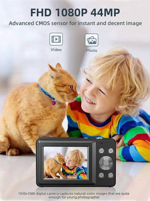 Alt view image 2 of 5 - Digital Camera, FHD 1080P Kids Camera 44MP Point and Shoot Digital Cameras with 32GB SD Card, 16X Zoom, Two Batteries, Lanyard, Compact Small Camera for Kids Boys Girls