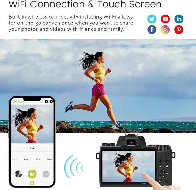 Alt view image 4 of 7 - Digital Camera, 4k Cameras for Photography & Video, 64MP WiFi Touch Screen Vlogging Camera for YouTube with Flash, 32GB SD Card, Lens Hood, 3000mAH Battery, Front and Rear Cameras - Black