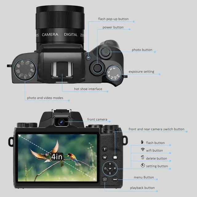 Alt view image 7 of 7 - Digital Camera, 4k Cameras for Photography & Video, 64MP WiFi Touch Screen Vlogging Camera for YouTube with Flash, 32GB SD Card, Lens Hood, 3000mAH Battery, Front and Rear Cameras - Black