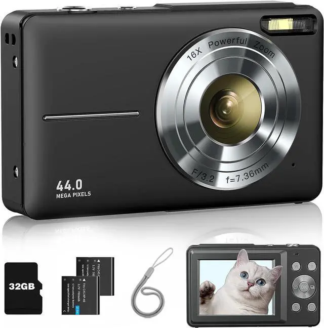 Main image of Lecran Digital Camera, FHD 1080P Kids Camera with 32GB Card, 2 Batteries, Lanyard, 16X Zoom Anti Shake, 44MP Compact Portable Small Point Shoot Camera for Kids Student Children Teens Girl Boy(Black)