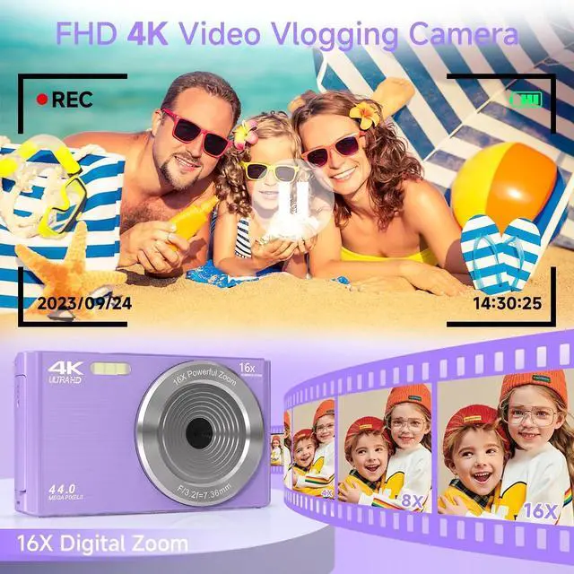 Alt view image 3 of 7 - Digital Camera for Teens, FHD 4K 44MP Digital Camera Purple with 64GB SD Card 16X Digital Zoom, Cameras for Photography Compact Point and Shoot Camera for Teen Boys Girls Kids Camera Digital