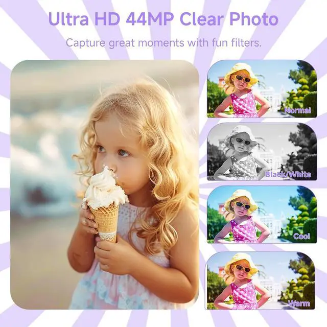 Alt view image 4 of 7 - Digital Camera for Teens, FHD 4K 44MP Digital Camera Purple with 64GB SD Card 16X Digital Zoom, Cameras for Photography Compact Point and Shoot Camera for Teen Boys Girls Kids Camera Digital