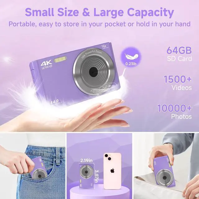 Alt view image 6 of 7 - Digital Camera for Teens, FHD 4K 44MP Digital Camera Purple with 64GB SD Card 16X Digital Zoom, Cameras for Photography Compact Point and Shoot Camera for Teen Boys Girls Kids Camera Digital