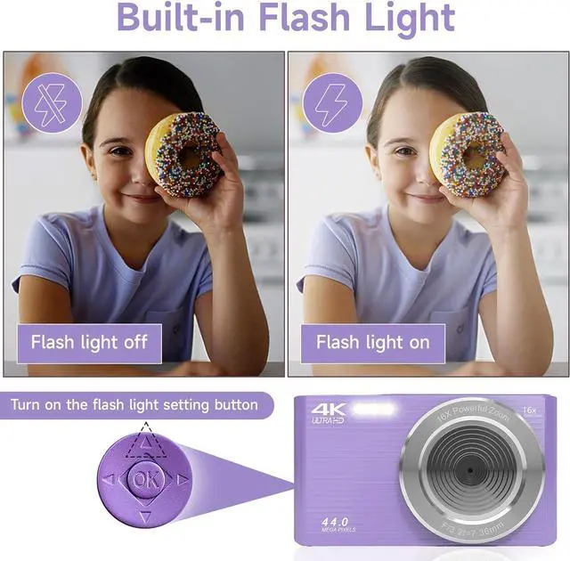 Alt view image 7 of 7 - Digital Camera for Teens, FHD 4K 44MP Digital Camera Purple with 64GB SD Card 16X Digital Zoom, Cameras for Photography Compact Point and Shoot Camera for Teen Boys Girls Kids Camera Digital