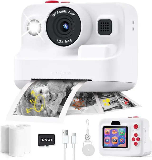 Main image of Instant Print Camera for Kids,2.4 Inch Screen Kids Instant Cameras, Christmas Birthday Gifts for Girls Age 3-12, Portable Toddler Toy for 3 4 5 6 7 8 9 10 Year Old Girls Boys White