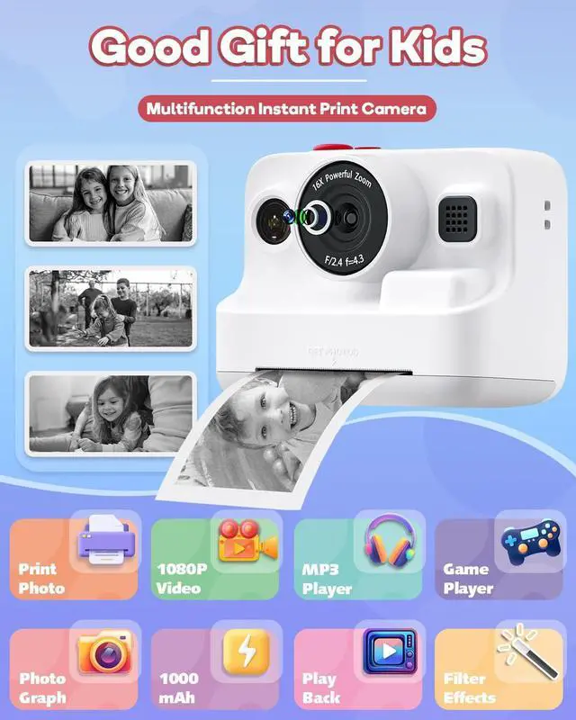 Alt view image 2 of 6 - Instant Print Camera for Kids,2.4 Inch Screen Kids Instant Cameras, Christmas Birthday Gifts for Girls Age 3-12, Portable Toddler Toy for 3 4 5 6 7 8 9 10 Year Old Girls Boys White