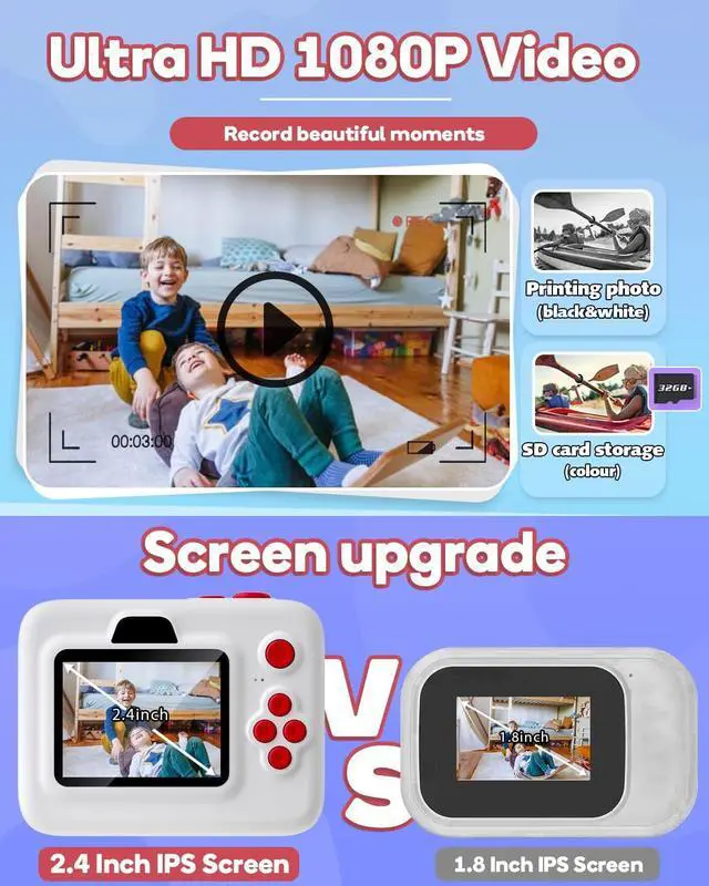 Alt view image 4 of 6 - Instant Print Camera for Kids,2.4 Inch Screen Kids Instant Cameras, Christmas Birthday Gifts for Girls Age 3-12, Portable Toddler Toy for 3 4 5 6 7 8 9 10 Year Old Girls Boys White