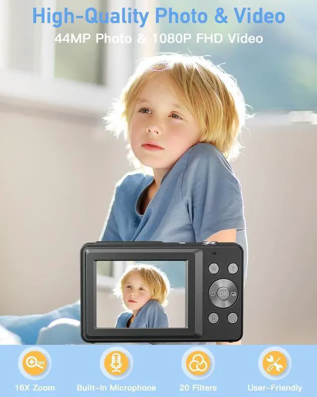 Alt view image 2 of 7 - AiTechny Digital Camera, 1080P FHD Camera for Kids, 44MP Point and Shoot Digital Camera with 32GB Card, Fill Light, 16X Zoom, Anti-Shake, Compact Small Camera Gift for Teens Boys Girls(Black)