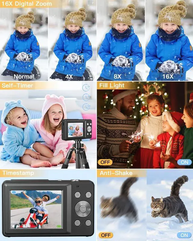 Alt view image 4 of 7 - AiTechny Digital Camera, 1080P FHD Camera for Kids, 44MP Point and Shoot Digital Camera with 32GB Card, Fill Light, 16X Zoom, Anti-Shake, Compact Small Camera Gift for Teens Boys Girls(Black)