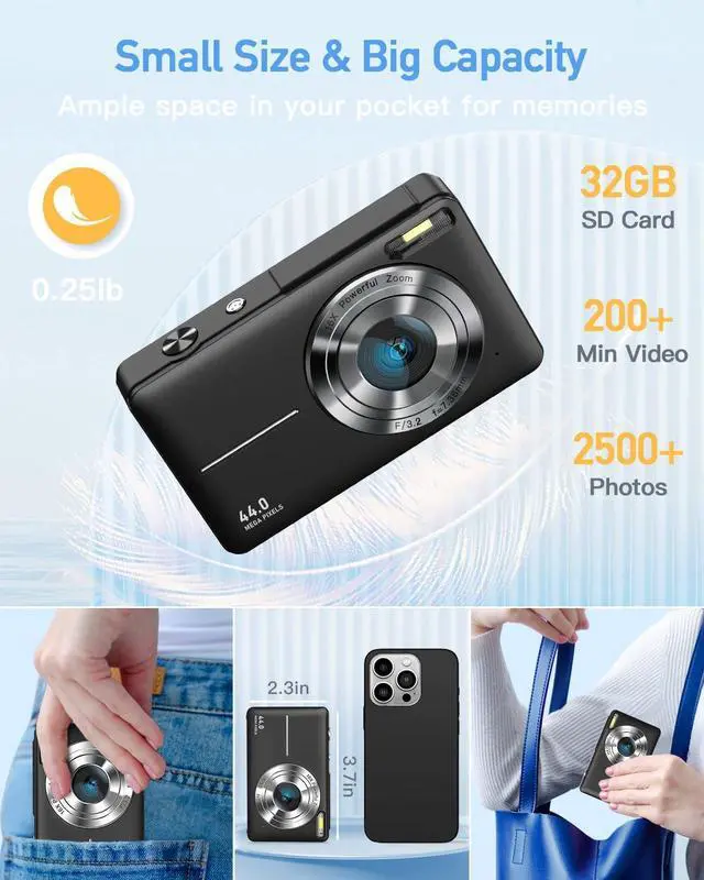 Alt view image 5 of 7 - AiTechny Digital Camera, 1080P FHD Camera for Kids, 44MP Point and Shoot Digital Camera with 32GB Card, Fill Light, 16X Zoom, Anti-Shake, Compact Small Camera Gift for Teens Boys Girls(Black)
