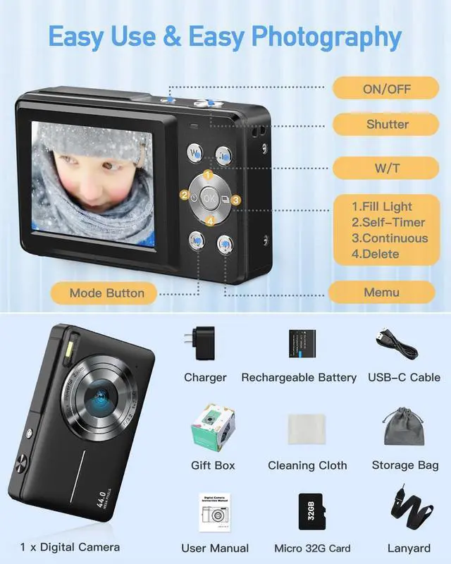 Alt view image 7 of 7 - AiTechny Digital Camera, 1080P FHD Camera for Kids, 44MP Point and Shoot Digital Camera with 32GB Card, Fill Light, 16X Zoom, Anti-Shake, Compact Small Camera Gift for Teens Boys Girls(Black)