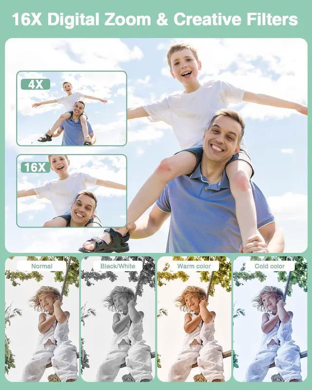 Alt view image 6 of 6 - Lecran Digital Camera, FHD 1080P Kids Camera with 32GB Card, 2 Batteries, Lanyard, 16X Zoom Anti Shake, 44MP Compact Portable Small Point and Shoot Camera for Kid Student Children Teen Girl Boy(Green)
