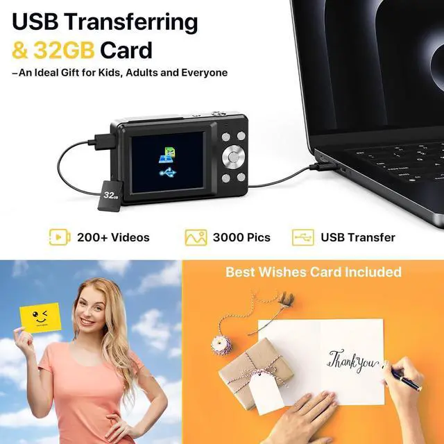Alt view image 3 of 7 - Digital Camera, FHD 1080P Digital Camera for Kids with 32GB SD Card Compact Point and Shoot Camera 16X Zoom Anti Shake Portable Cameras Small Camera for Teens Boys Girls Seniors with Best Wishes Card