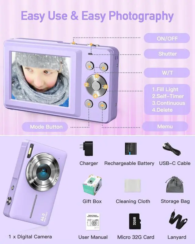 Alt view image 7 of 7 - AiTechny Digital Camera, FHD 1080P Kids Camera, 44MP Point and Shoot Cameras for Pictures with 32GB Card, 16X Zoom, Lanyard, Portable Travel Mini Camera for Kids Teens Beginner(Purple)