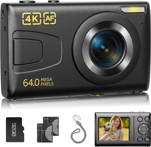 Main image of 4K Digital Camera 64MP Auto Focus Video Camera with 32GB Card 18X Zoom 2 Batteries Compact Vlog Camera for Beginner Student Kids Teen Black