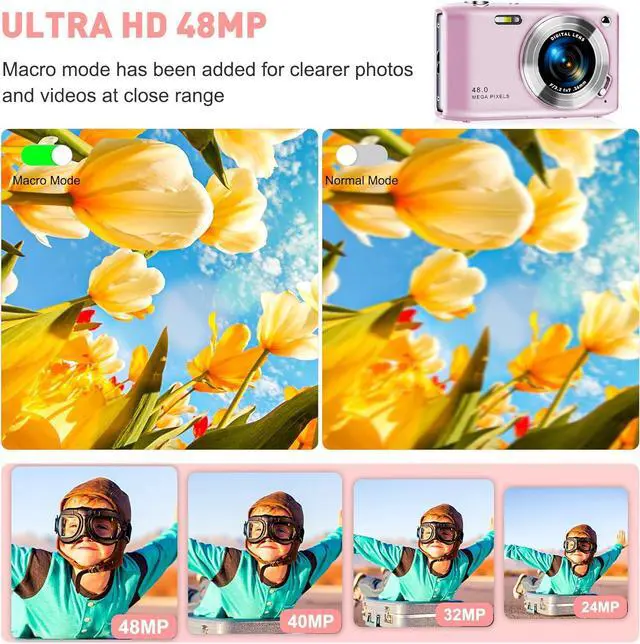 Alt view image 2 of 7 - Digital Camera, FHD 4K Point and Shoot Camera with 2.88' IPS Screen, 48MP Video, 16X Zoom, Macro Mode, Flash - Compact Beginner Camera for Teens, Pink