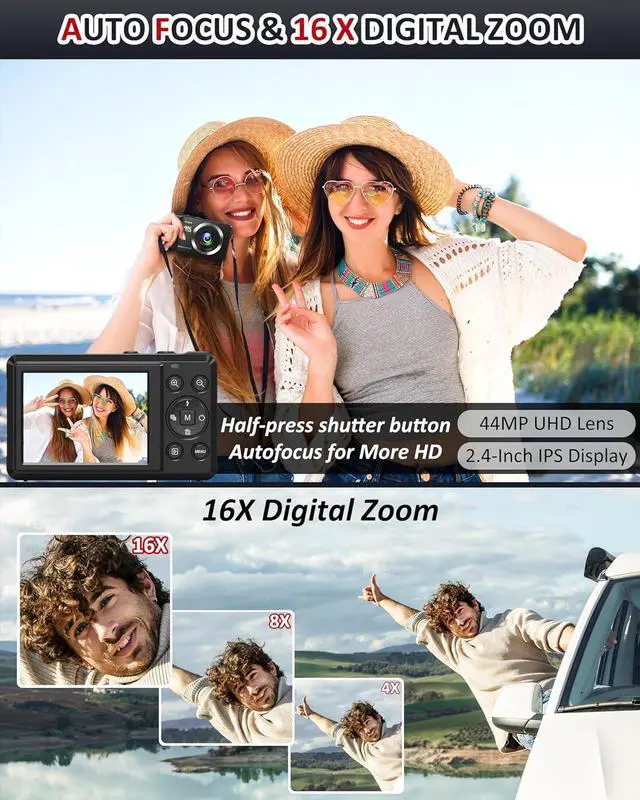 Alt view image 3 of 7 - Digital Camera - 4K 44MP UHD Digital Cameras for Photography - Autofocus Point and Shoot Vlogging Camera with 16X Zoom, 32GB SD Card, 2 Batteries - Compact Small Camera for Kids Teens Boys Girls