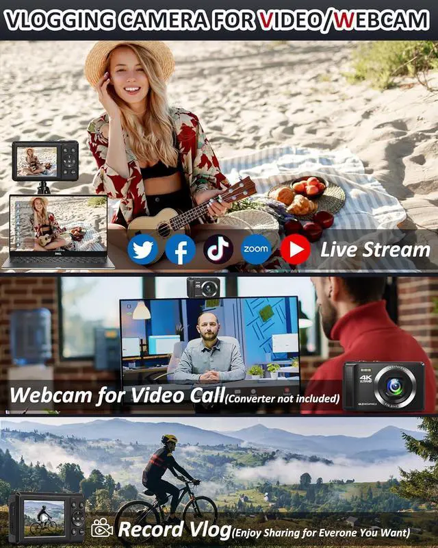 Alt view image 4 of 7 - Digital Camera - 4K 44MP UHD Digital Cameras for Photography - Autofocus Point and Shoot Vlogging Camera with 16X Zoom, 32GB SD Card, 2 Batteries - Compact Small Camera for Kids Teens Boys Girls