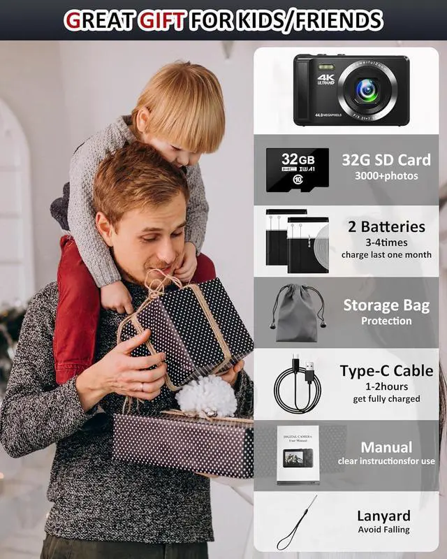 Alt view image 6 of 7 - Digital Camera - 4K 44MP UHD Digital Cameras for Photography - Autofocus Point and Shoot Vlogging Camera with 16X Zoom, 32GB SD Card, 2 Batteries - Compact Small Camera for Kids Teens Boys Girls