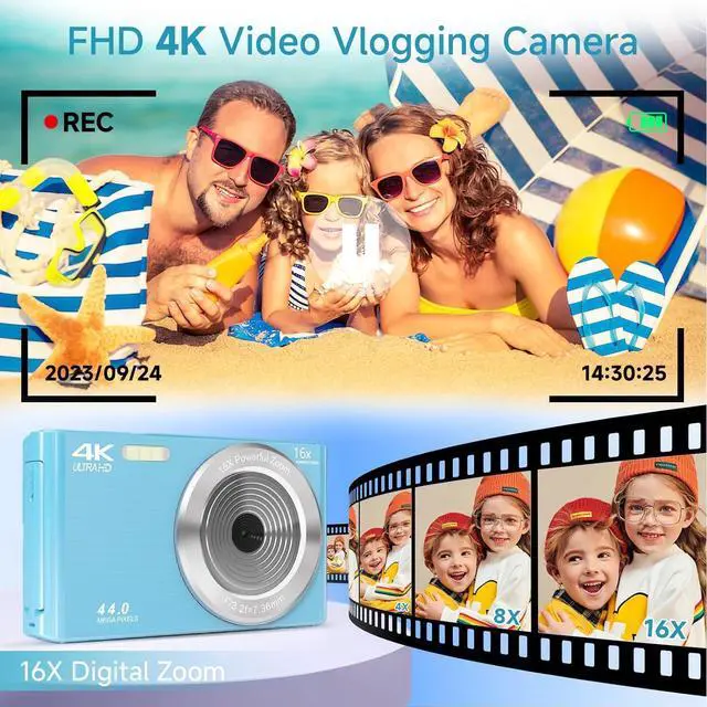 Alt view image 3 of 7 - Digital Camera for Teens, FHD 4K 44MP Digital Camera Autofocus with 64GB SD Card 16X Zoom, Cameras for Photography Compact Point and Shoot Camera for Teen Boy Girl Kids Camera Beginner